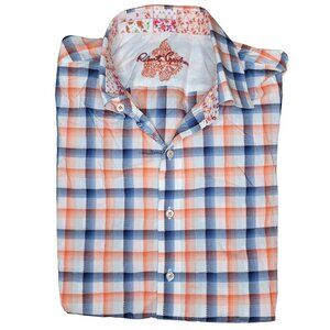 Robert Graham XL Plaid Button-Down Shirt Orange & Blue Checkered Short-Sleeve
